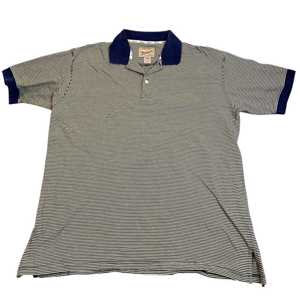 Woolrich Mens Polo Shirt XL Striped Navy/White Cotton Short Sleeve